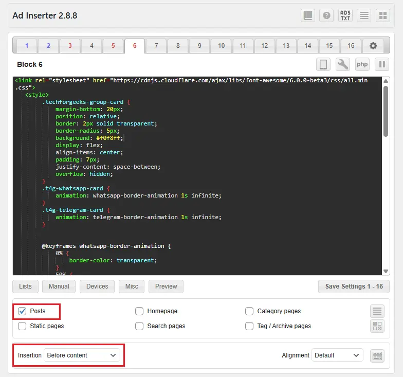 Ad Inserter settings